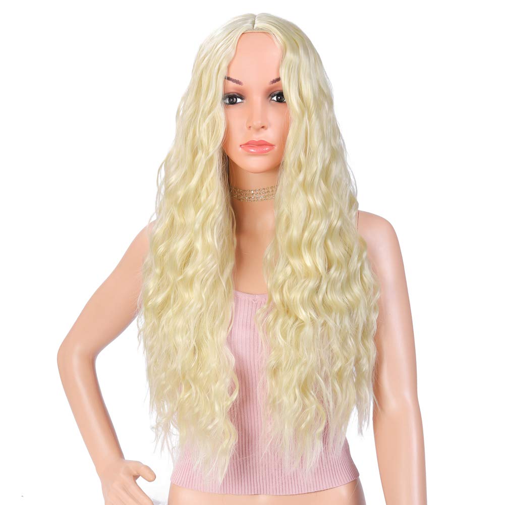 LYbeauty Long Curly Blonde Wigs for Women 28 Inch Middle Part Natural Looking Silk Fully Heat Resistant Synthetic Wig for Daily Party Use (28", Blonde)