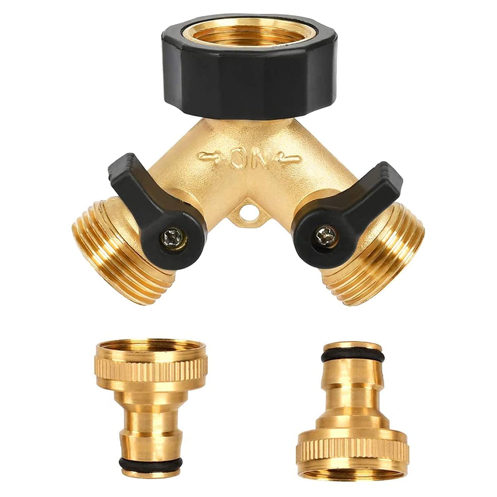 3/4 Inch 2 Way Brass Tap Garden Hose Splitter Double Hose Connector Y Valve Garden Tap Splitter with Individual On/Off Valves and 3/4 Inch Quick Connector for Garden Irrigation Tool