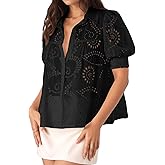 Jenbou Women's Summer Tops V Neck Short Sleeve Buttons Hollow Out Eyelet Embroidered Dressy Casual Blouses Shirts