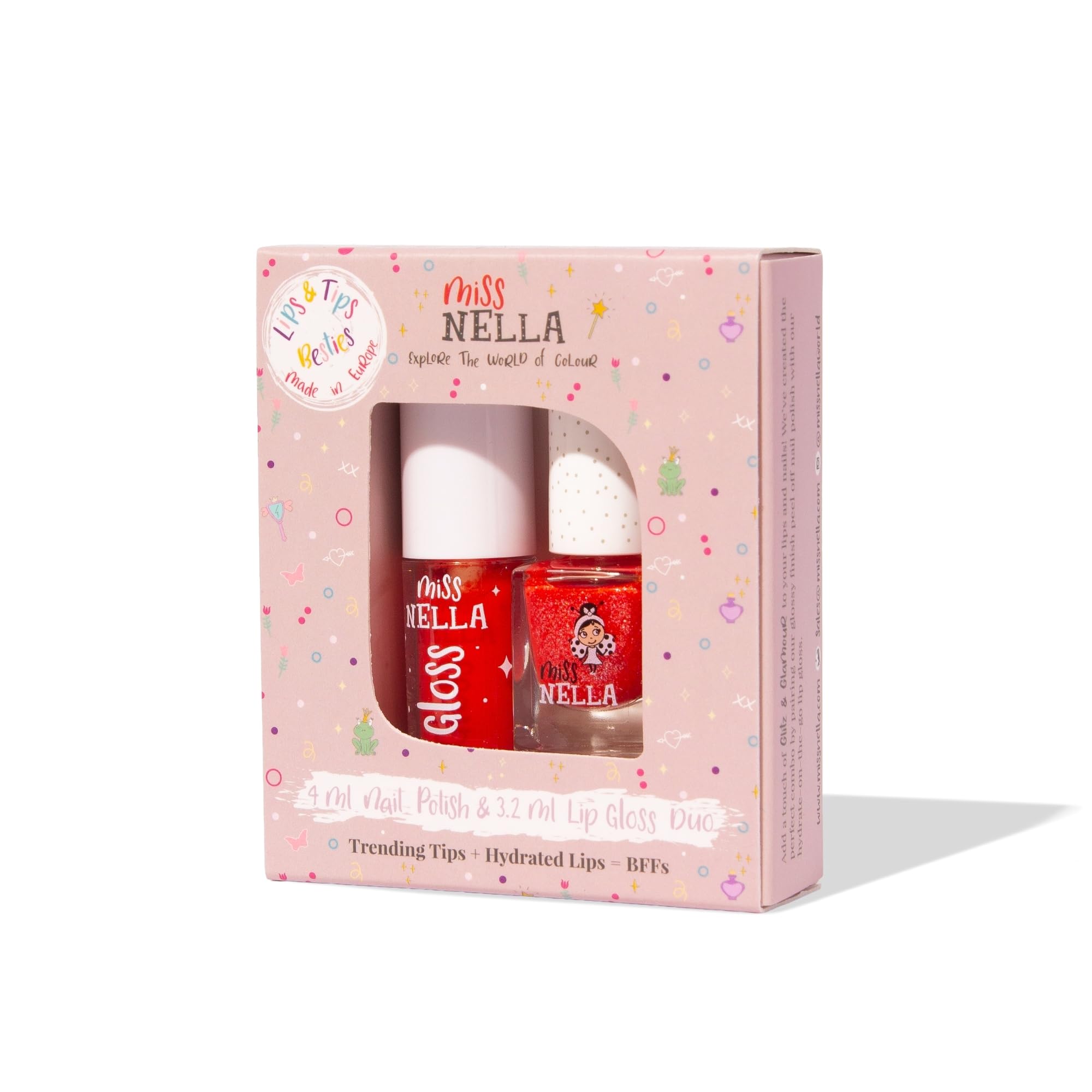 Miss Nella Fairy Kiss Lips & Tips duo- Scented Lip Gloss + Glitter Nail Polish for Kids with Peel-off, Water Based & Odour Free Formula