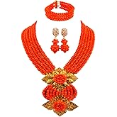 aczuv Fashion African Bead Necklace Nigerian Beads Wedding Jewelry Sets for Women (Opaque Orange)