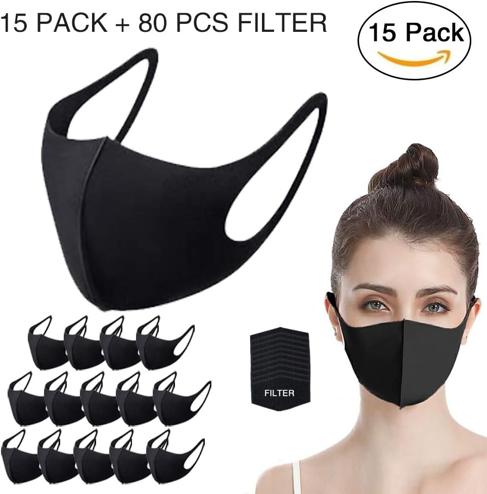 Fashion Protective Face Masks by undwider, Unisex Cotton Mouth Mask, Reusable Washable Breathable Face Shield for Cycling Camping Travel, Black - 15 Pack