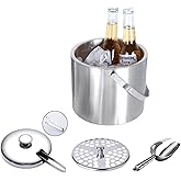Insulated Ice Bucket with Lid and Scoop & Tong, Double Wall 304 Stainless Steel Ice Bucket for Freezer, Built-in Strainer for Effortless Ice Water, 2.75 qt Ice Buckets for Parties, Champagne Bucket.