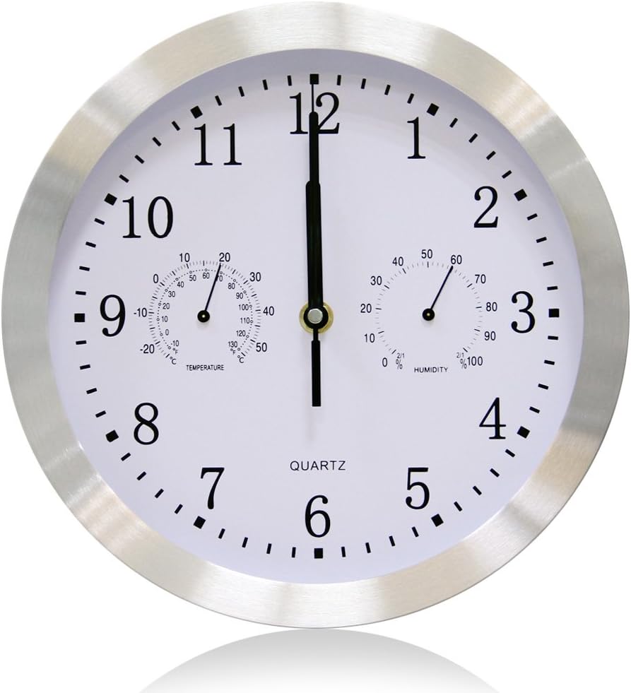 VSENCE Silent Non-Ticking Quartz Wall Clock with Thermometer and Hygrometer Aluminium Indoor Decor Clock 10 Inch, Silver