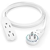 Maximm Cable 3 Ft 360° Rotating Flat Plug Extension Cord/Wire, 16 AWG Multi 3 Outlet Extension Wire, 3 Prong Grounded Wire - White - UL Certified