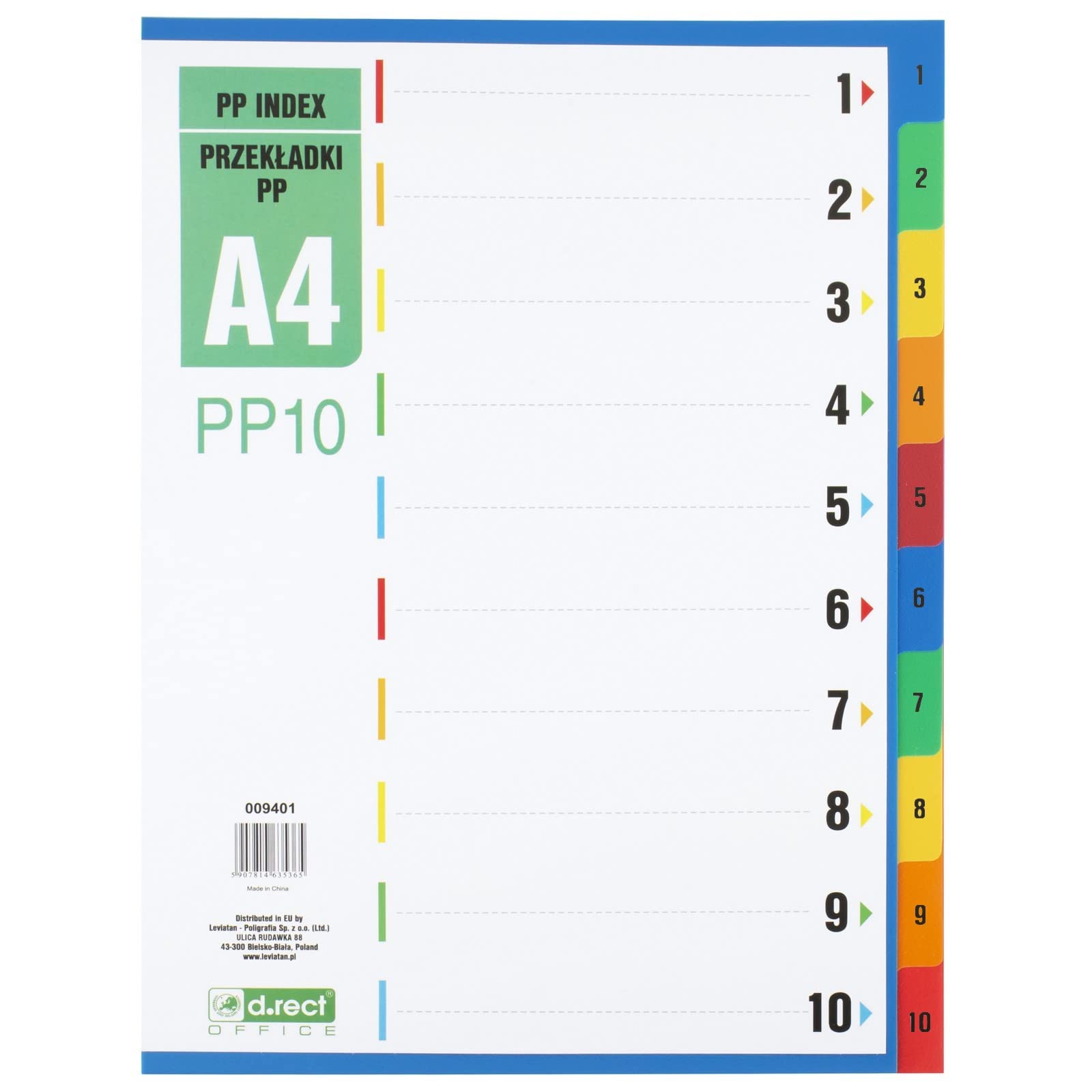 D.RECT Dividers for A4, PP10, 10 dividers, Ring Binder Index, tabs with Number Print 1-10, Multicoloured, Colour Divider Made of Polypropylene, Polypropylene