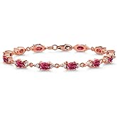 Gem Stone King 18K Rose Gold Plated Silver Pink Tourmaline and White Moissanite Tennis Bracelet For Women (6.61 Cttw, Gemstone Birthstone, Oval 6X4MM, 6.5, 7, 7.5 Inch)