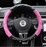 Follicomfy Comfort Leather Auto Car Steering Wheel Cover,Anti Slip Universal 15 Inch,Black&Pink