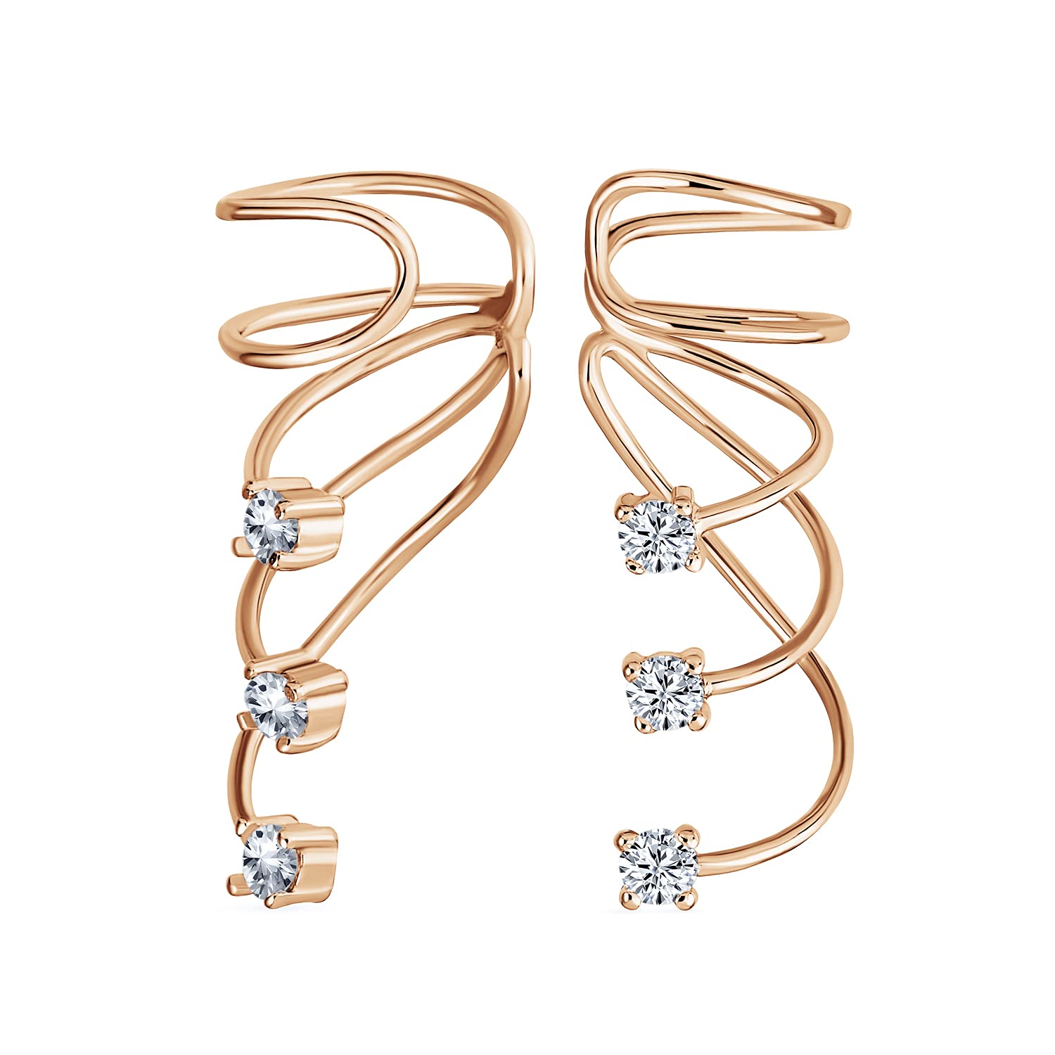 Triple Spiral CZ Curved Crawlers Wire Cubic Zirconia Cartilage Ear Cuff Pin Earring For Women Teen Rose Gold Plated .925 Sterling Silver