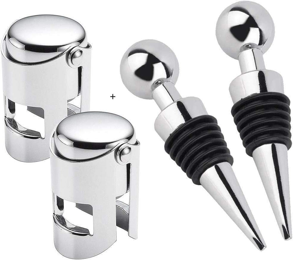 GlobalDream Flaschenverschluss, 2 Stück Weinflaschenverschluss und 2 Stück Sektflaschenverschluss Weinflaschenverschluss Edelstahl für die Weinsammlung Rotwein Champagner Bier Saver Sealer