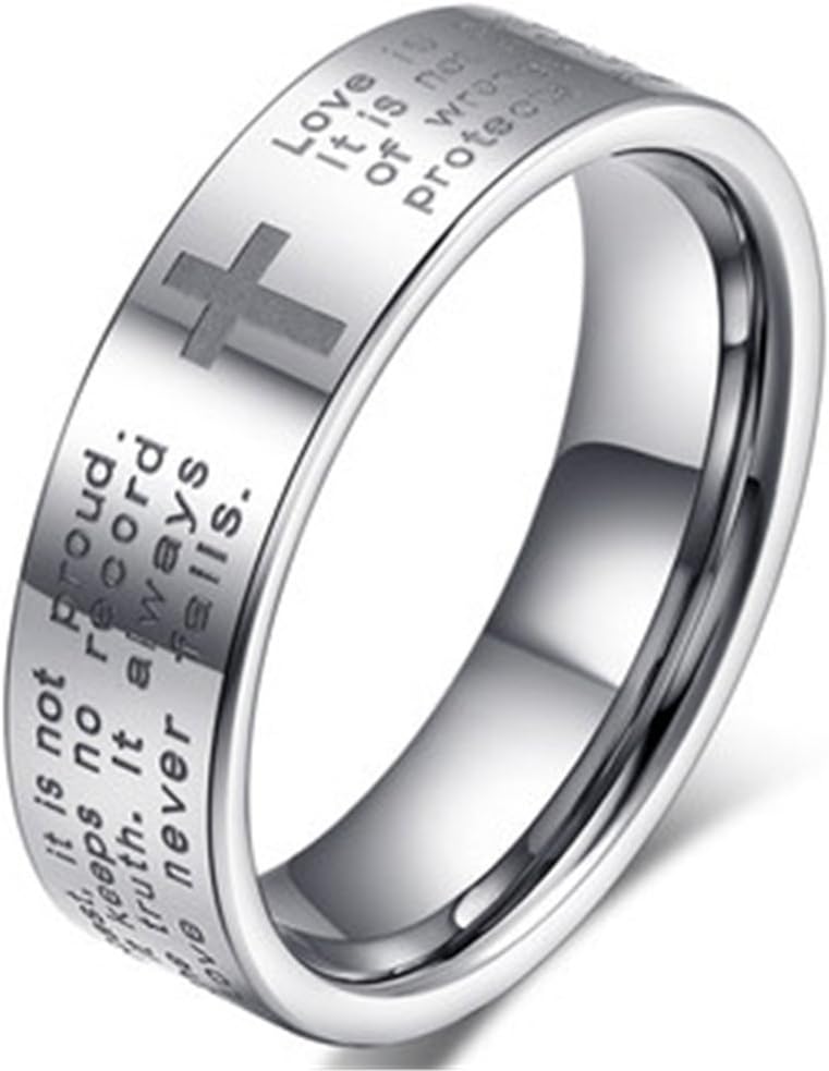 Men Women 6mm Tungsten Carbide White Ring Engraved English Bible Verses About Love Cross Band for Her Him