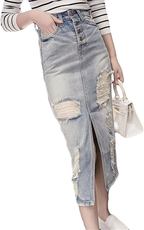 Amazon ヤンーチ デニム タイト スカート ひざ丈 スリット 前開き ダメージ ハイウェスト ロング 春夏 ジーンズ タイトスカート ストレッチ セクシー スリム ストレート レディース 無地 Aライン 着痩せ サイズxs 3xl ライトブルーm 服 ファッション小物 通販