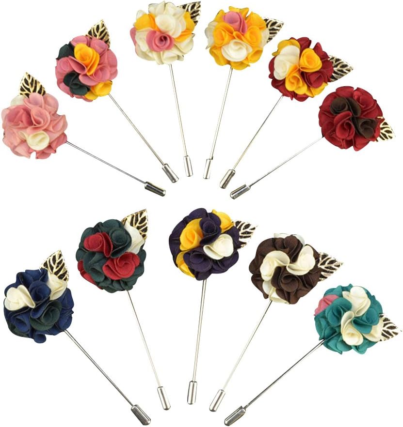 Soleebee YM037 Mixed Random Multicolor Gold Leaf Lapel Flower Pin Set Men's Boutonniere Pin for Suit (Pack of 9)