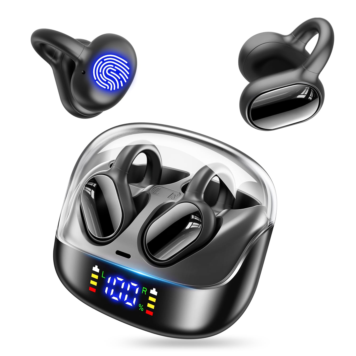 イヤホン bluetooth ワイヤレスイヤホン 【2025NEWモデル 骨伝導の進化 オープンイヤーイヤフォン】 耳挟み型 耳を塞がないイヤフォン Bluetooth5.4 65時間連続再生数字LEDディスプレイ AAC/SBCに対応 通話ノイズキャンセリング ブルートゥースイヤホン 自動ペアリング ハンズフリー通話 Type-C急速充電 IPX7防水 会議/運動/ゲーム/通学通勤商品画像