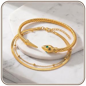 VYTOSA Gold Snake Bracelet Set for Women, Layered Cuff and Chain | Serpent Cuff; Snake & Satellite Chain; 18K Gold Plated Wat