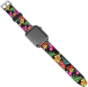 SWEET TANG Mens Women Hawaiian Colorful Flower Apple Watch Band 38mm/40mm, 42mm/44mm, Adjustable Protective Watch Bands Sport Bands, PU Leather Sport Replacement Strap