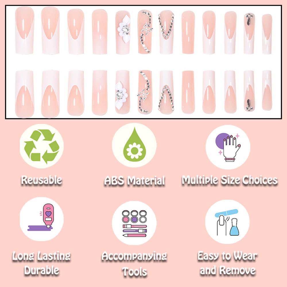 ANDGING French Tip Press on Nails Long Square White Fake Nails with Rhinestone Butterfly Flower Design Glue on Nails for Women Girls Acrylic False Nails with Glue Gel Stick on Nails for Birthday DH66 - Image 3