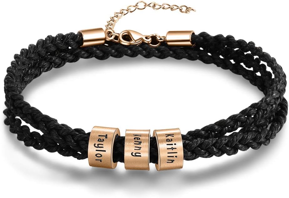 Personalised Mens Bracelets Rose Gold Name Stainless Steel Beads Charm Bracelet for Dad Engraved 2 to 5 Names ID Identity Braid Bracelet Customised Father Grandad Birthday