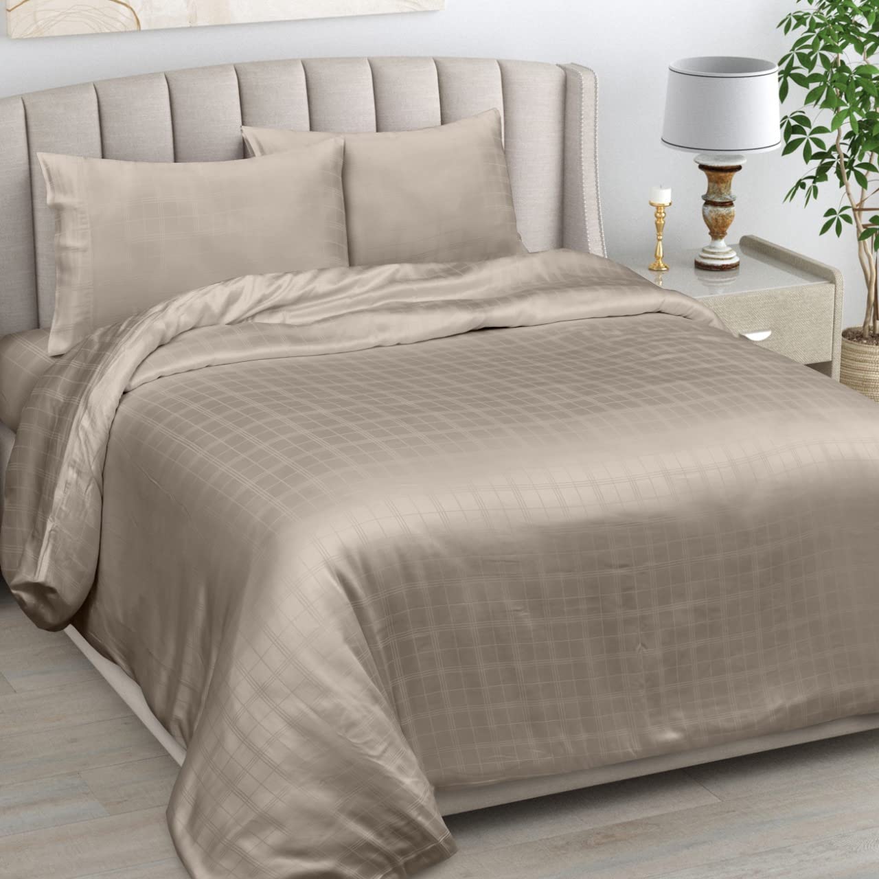 LINENWALAS 100% Organic Bamboo Bed Sheets for Single Size Bed, Deep Pocket Sheets, Checkered Design Silk Sheets 3pc Bed Sheet Set – 1 Fitted & Flat Sheet with 1 Pillowcases (Taupe, Single)