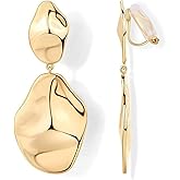 FAN&LOUIS Clip On Dangle Earrings Women,14K Gold Teardrop Statement Dangle Earrings Clips Lightweight Hammered Drop Dangle Clip-on Earrings for Women