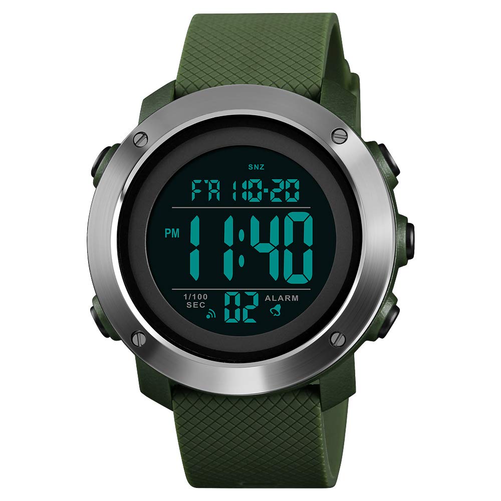 TONSHEN Double Time Digital Sport Watch for Men and Women Outdoor Military 50M Waterproof LED Electronic Stopwatch Alarm Countdown Multifunction Wrist Watches with Rubber Band (Steel Green)