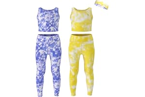 Essenclo Girls Athletic Leggings Yoga Pants w/Sleeveless Crop Tank Tops for Kids Workout Cheer Dance Run Sizes 3-16, 5pc Set