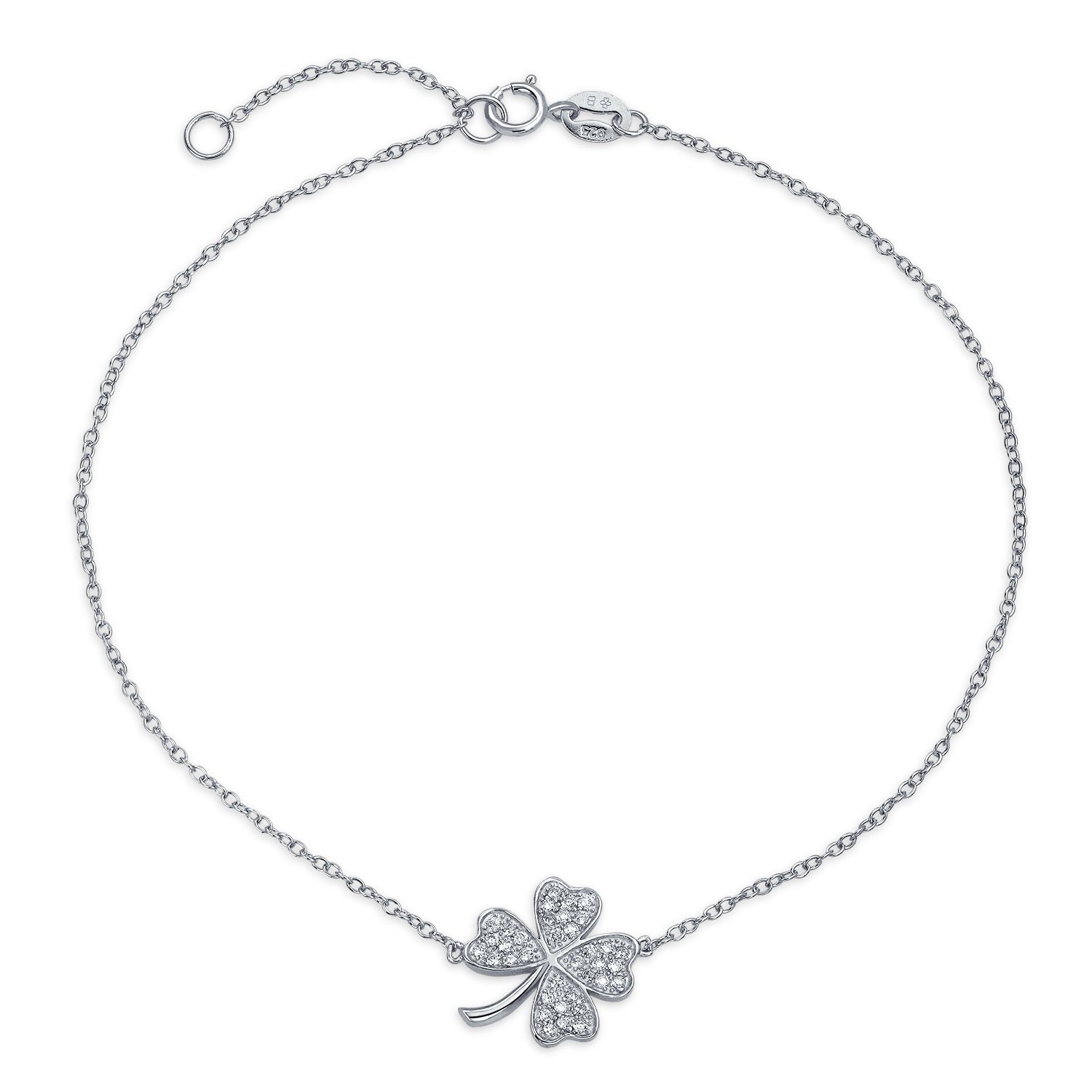 Bling Jewelry Cubic Zirconia CZ Four Leaf Clover Shamrock Flower Anklet Lucky Charm Anklet Ankle Bracelet For Women .925 Sterling Silver Adjustable 9, 10 Inch — image 1
