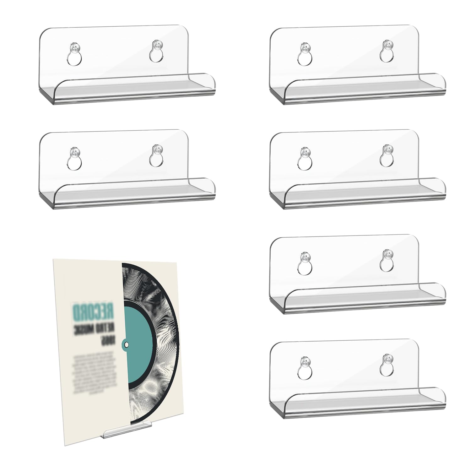 NQEUEPN 6pcs 4 Inch Clear Acrylic Vinyl Record Holder, Wall Mount Floating Record Display Shelf for Daily Displaying CD/LP Listening