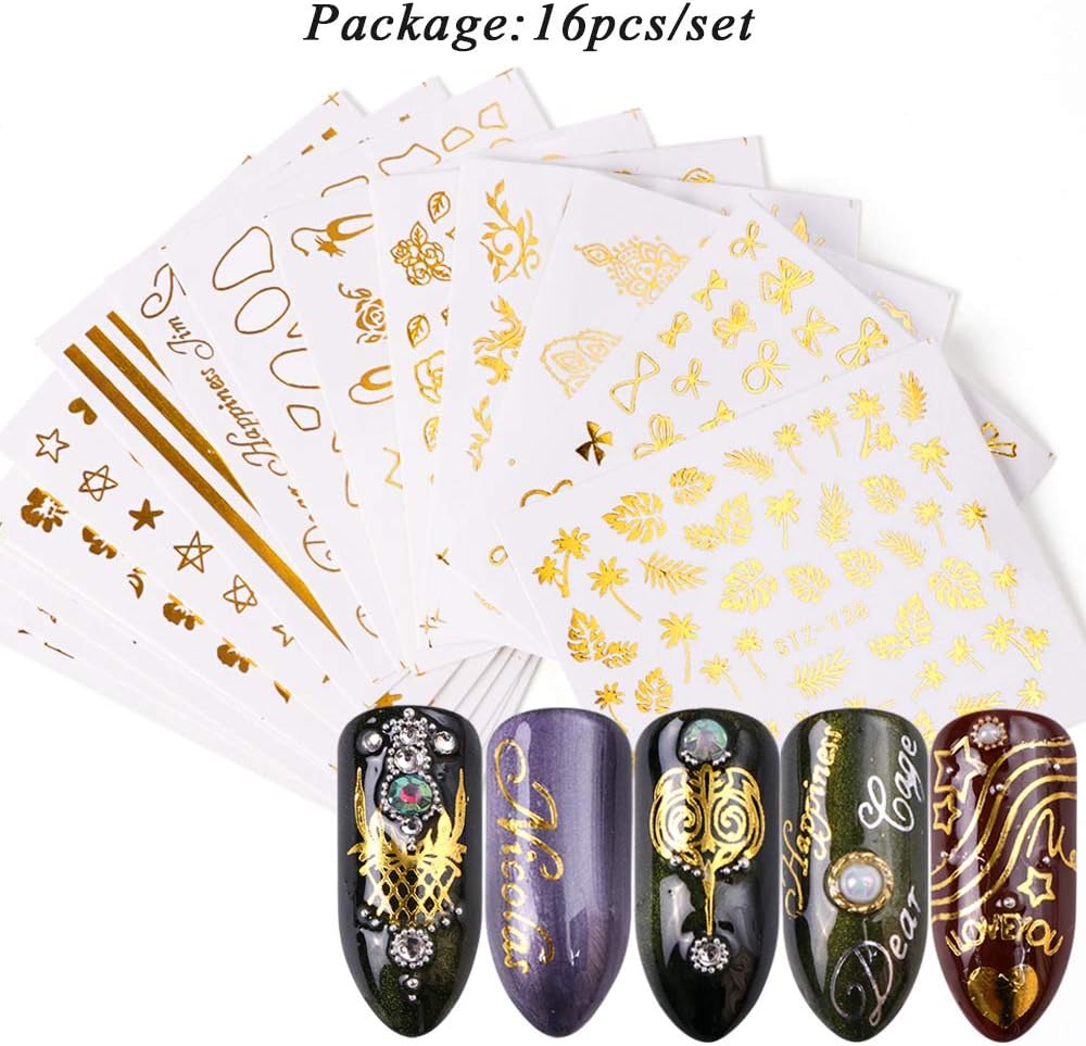 Hanzel Gold Nail Art Water Transfer Stickers - 16 Pcs Mixed Pattern Metallic Nail Stickers Manicure DIY Nail Decals, Flowers or letters Bowknot Leaves Star&Moon Art Design Nail Decorations