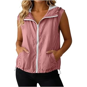 Hooded Vest for Women Sleeveless Lightweight Softshell Jackets Drawstring Athletic Sun Protection Tops for Running