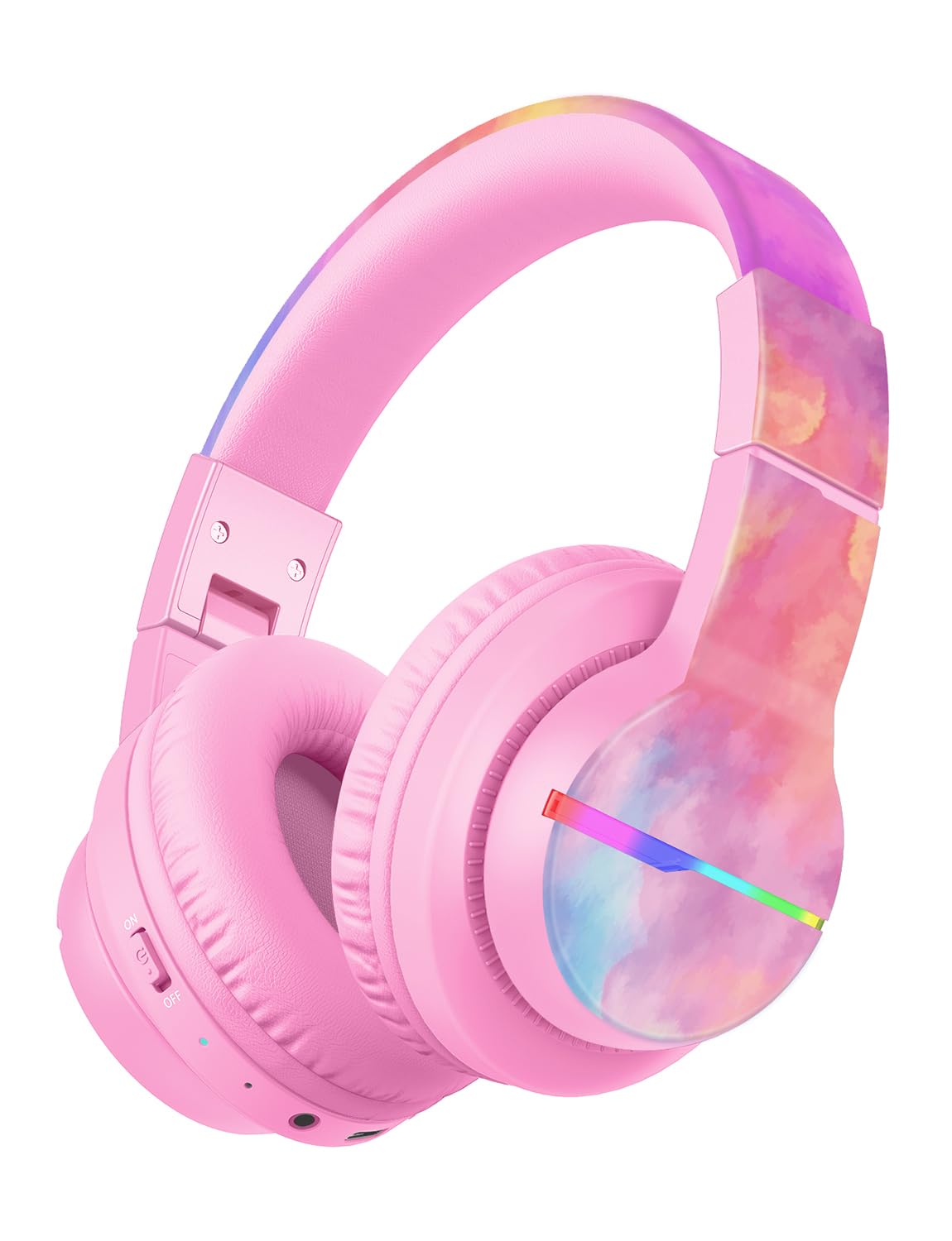 Photo 1 of (POWER TESTED) (MISSING CHARGER) iClever BTH12 Kids Bluetooth Headphones,Colorful LED Lights,74/85dBA Safe Volume,85H Playtime,Fast Charging,Bluetooth 5.2,Over Ear Kids Headphones Wireles for iPad/Tablet/Airplane,Tie-dye Pink