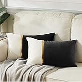 Fancy Homi 2 Packs Decorative Throw Pillow Covers 12x20 Inch for Living Room Couch Bed, Black and White Velvet Patchwork with Gold Leather, Luxury Modern Home Decor, Lumbar Cushion Case 30x50 cm