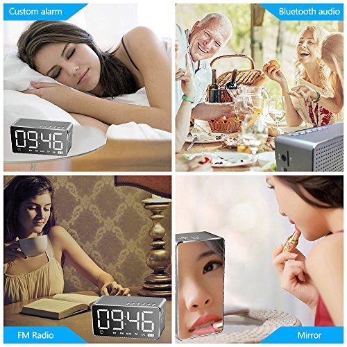 Alarm Clock with Bluetooth Speaker 4.2 and Large Mirror, XIAOKOA Portable Wireless Stereo Sound Speaker Built-in TF Card,FM Radio,Handsfree Calling, LED Nightstand Clock and LED Dimmable Display - Thumbnail 6