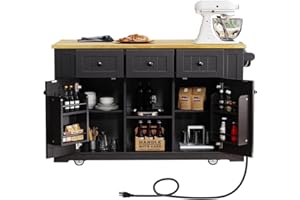 Kennkari Rolling Kitchen Island on Wheels with Drop Leaf, Wide Moblie Kitchen Island with Storage Cabinets and Power Outlet, Large Island Table with Towel Rack and Spice Rack (Black)
