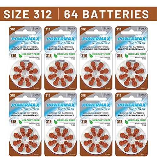 Powermax Size 312 Hearing Aid Batteries, Brown Tab, Long Lasting, Made In the USA, 64 Count