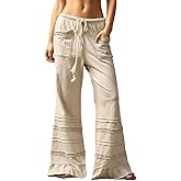 Pinclodly Ruffle Pants Women Wide Leg Flare Drawstring Elastic High Waisted Baggy Trousers Solid Palazzo Pants with Pockets
