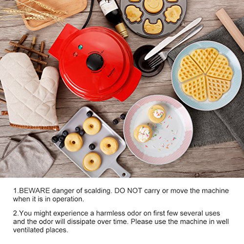 Finether Mini 3-in-1 Non-Stick Snack Maker, Aluminum Multi-Plate Waffle Iron for Donuts Heart-Shaped Waffles Cartoon Cakes, Adjustable Temperature, Easy to Clean, Cord Wrap & Cool Touch Handle, Red - Thumbnail 6