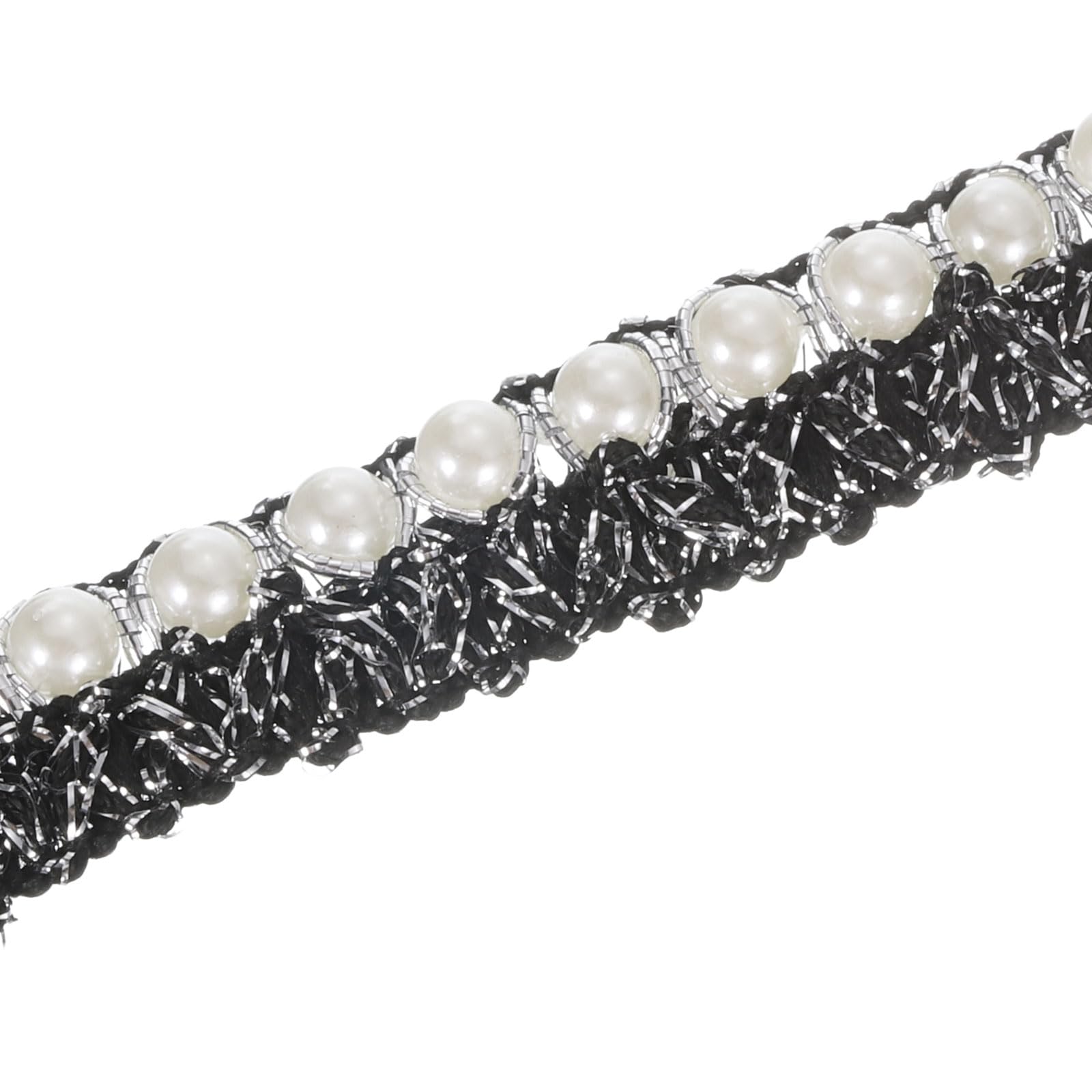 PATIKIL 10 Yard Faux Pearls Lace Ribbon, 0.59" Wide Pearl Bead Lace Trims Faux Pearl Embroidered Pearl Fringe Applique with Silver Fringe Trims for Wedding Sewing Craft DIY, Black