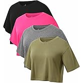 Femdouce 4 Pack Women's Workout Crop T Shirts Cotton Round Neck Short Sleeve Tops Trendy Casual Athletic Running Tees