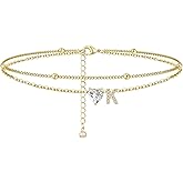 MYYOII Ankle Bracelets for Women Waterproof 14K Gold Plated CZ Initial Anklet for Women Dainty Layered Letter Heart Ankle Bracelets Handmade Adjustable Foot Chain Anklet Summer Beach Jewelry