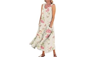RDEGOOCHA Women 2024 Summer Tank Dress Sleeveless U Neck Printed/Solid Boho Beach Shirt Maxi Flowy Linen Cotton Dresses with Pocket