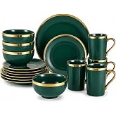 Loymokinar Green and Gold Dinnerware Set for 4, 16-Piece Porcelain | Green and gold dish set with decorative gold trim; service for 4; dishwasher safe with care; not microwave safe.