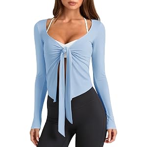 LASLULU Womens Tie Front Pilates Wrap Tops Long Sleeve Shrug Cardigan | Tie Front Wrap Shrug Top with Sexy V Neck,Long Sleeve