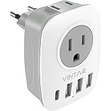 European Travel Plug Adapter, VINTAR International Power Adaptor with 1 USB C, 2 US Outlets and 3 USB Ports, 6 in 1 European