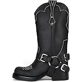 Yishaweiqi Women's Studds Biker Boots Chunky Heel Square Toe Knee High Boots Fall Dress Riding Boots Motorcycle Boots Side Zipper Western Boots