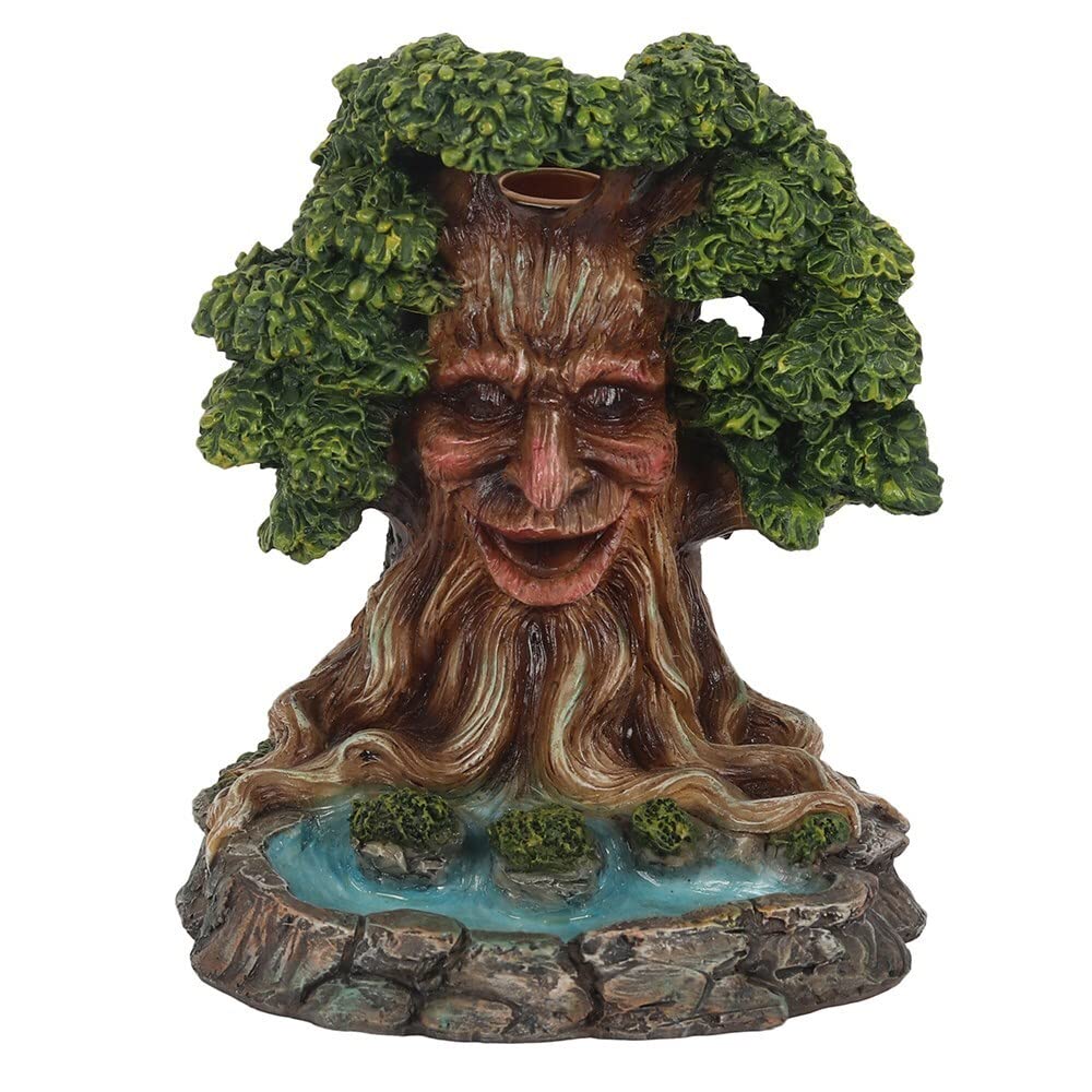 Majestic Green & Brown Tree Man Pond Backflow Incense Burner - 15.5cm x 13cm (1 Pc.) - Enhance Relaxation & Meditation, Premium Resin - Ideal for Artistic Home Decor