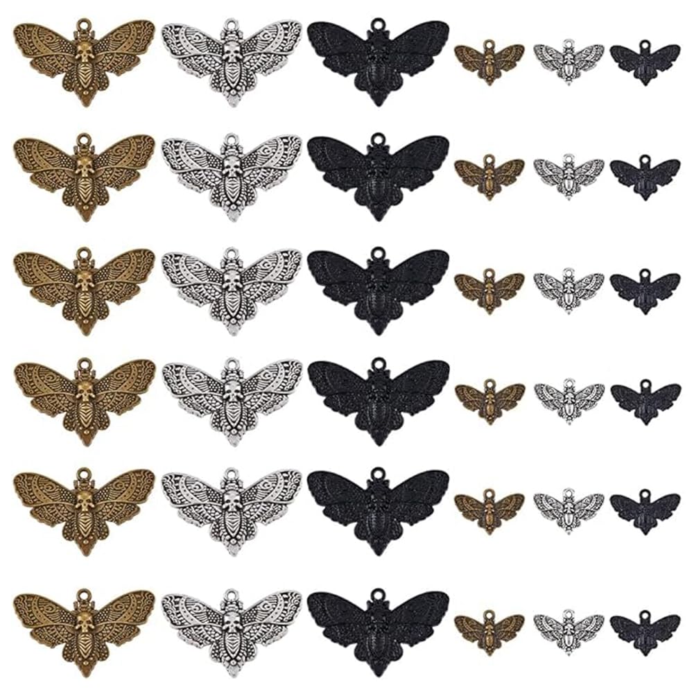 SUPERFINDINGS 36Pcs 3 Colors Moth Gothic Pendants 3 Sizes Black Silver Insect Charm Moth with Skull Head Animal Charms for Party DIY Jewelry Necklace Bracelet