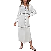 Bsubseach Women's Casual Long Sleeve Hollow Out Lace Button Down Long Kimonos Cardigans Swimsuit Cover Ups Summer Beach Dress