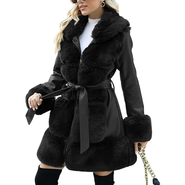 ジャケット・アウター fur collar belted trench coat Belted Faux Leather Trench Coat with Faux Fur Collar
