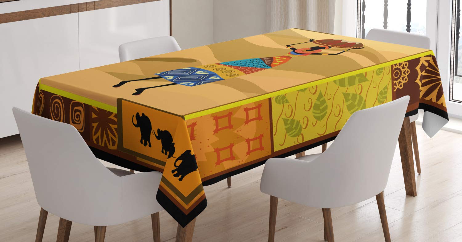 ABAKUHAUS African Tablecloth, Camels Elephants, Dining Room Kitchen Rectangular Table Cover, 54 W X 78 L, Multicolor